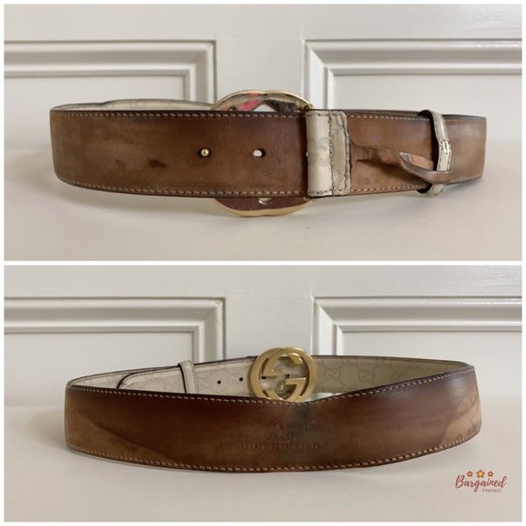 Authentic Gucci Cream Guccissima Leather Gold Interlocking G Buckle Belt 85/34 - Picture 6 of 13
